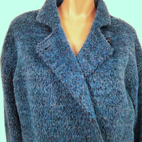 Vintage 80s Wool Mohair Alpaca Coat Fluffy Shaggy Vibrant Blue Mid Length Size M - Picture 2 of 11